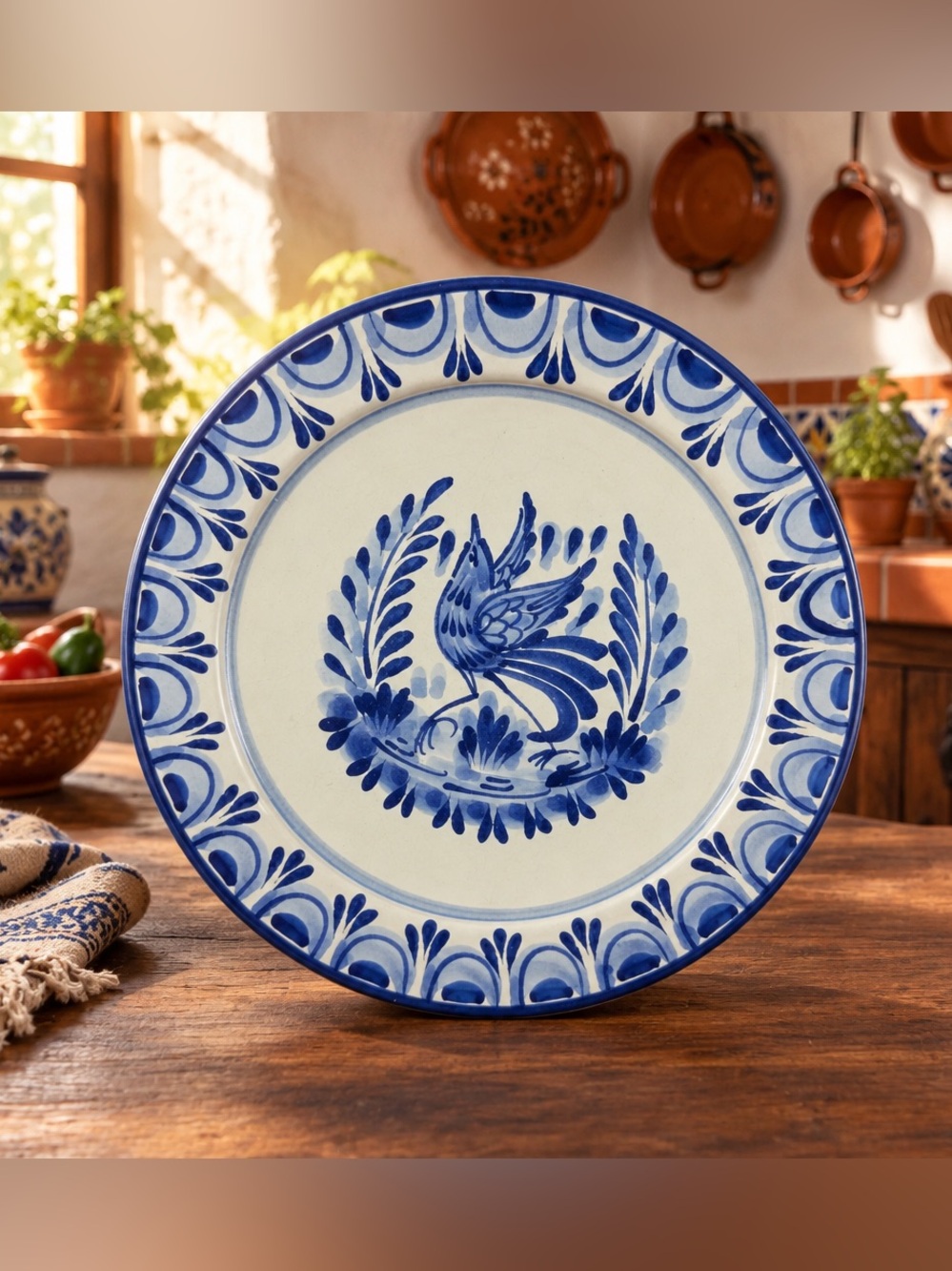 Gorky Gonzalez Pottery Mexican Hand-Painted Blue/White Bird Decorative Plate 11"